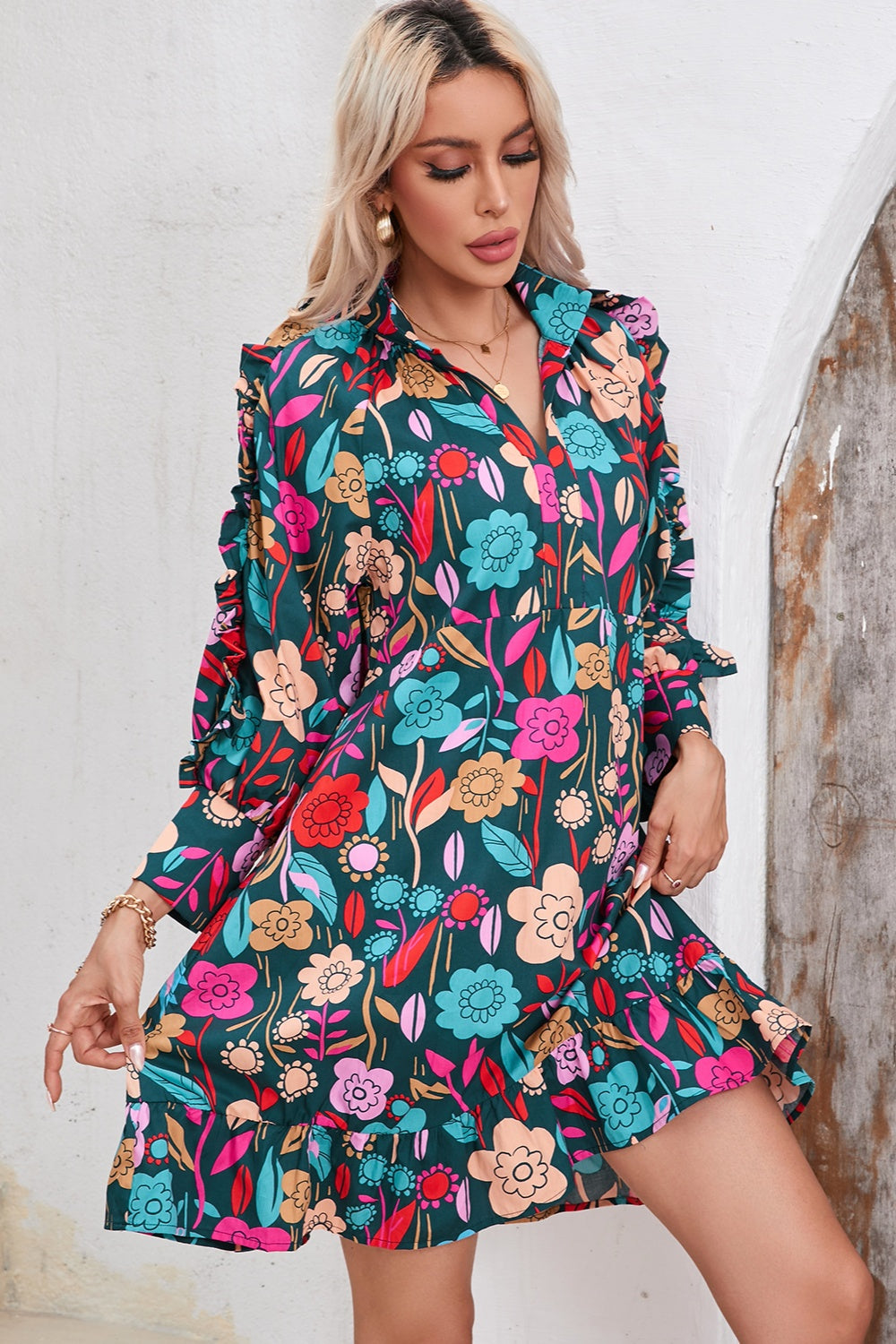 Printed Notched Lantern Sleeve Mini Dress-Angel Casuals