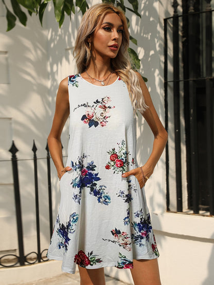 Printed Round Neck Sleeveless Dress with Pockets-Angel Casuals