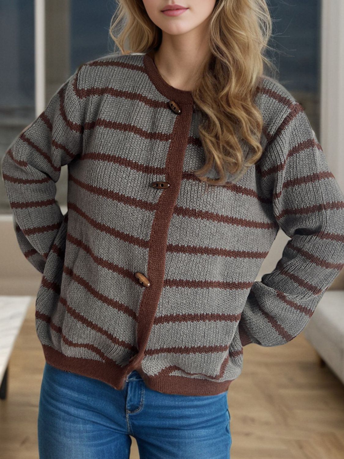 Striped Round Neck Long Sleeve Cardigan-Angel Casuals