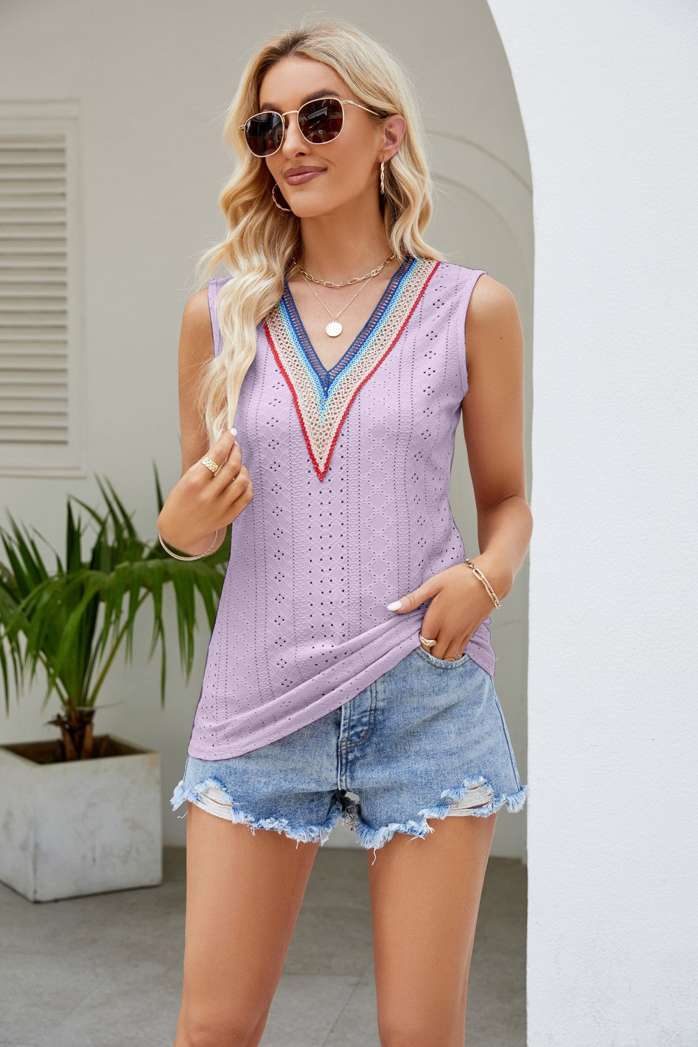 Contrast V-Neck Eyelet Tank-Angel Casuals