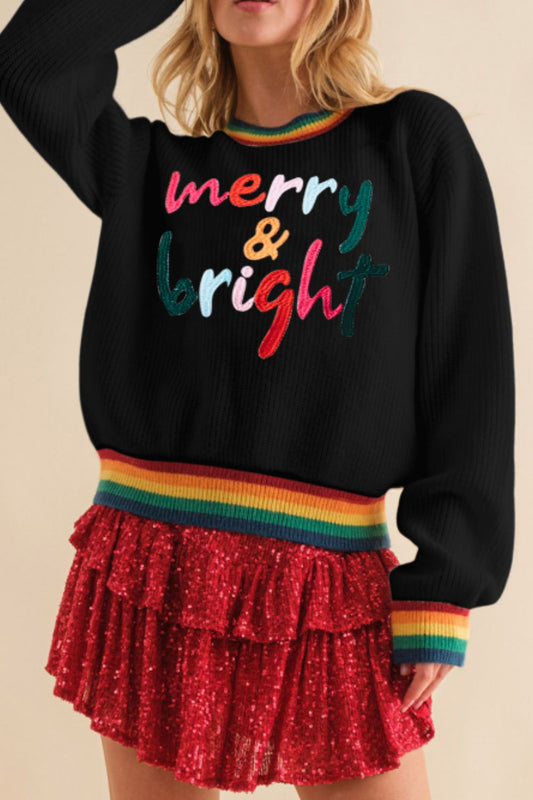 MERRY & BRIGHT Ribbed Round Neck Sweater-Angel Casuals