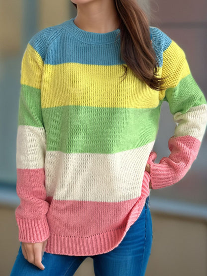 Color Block Round Neck Long Sleeve Sweater-Angel Casuals