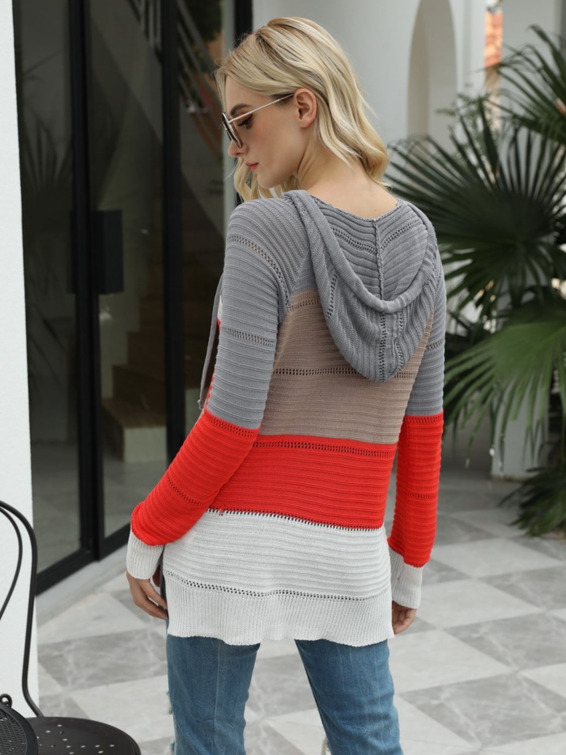 Drawstring Contrast Long Sleeve Hooded T-Shirt-Angel Casuals