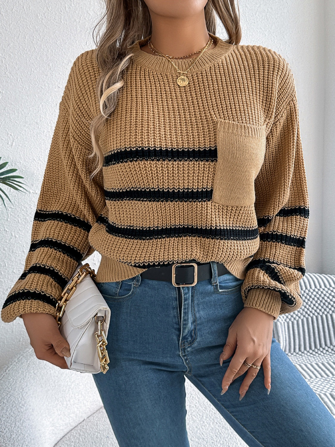 Striped Round Neck Long Sleeve Sweater-Angel Casuals