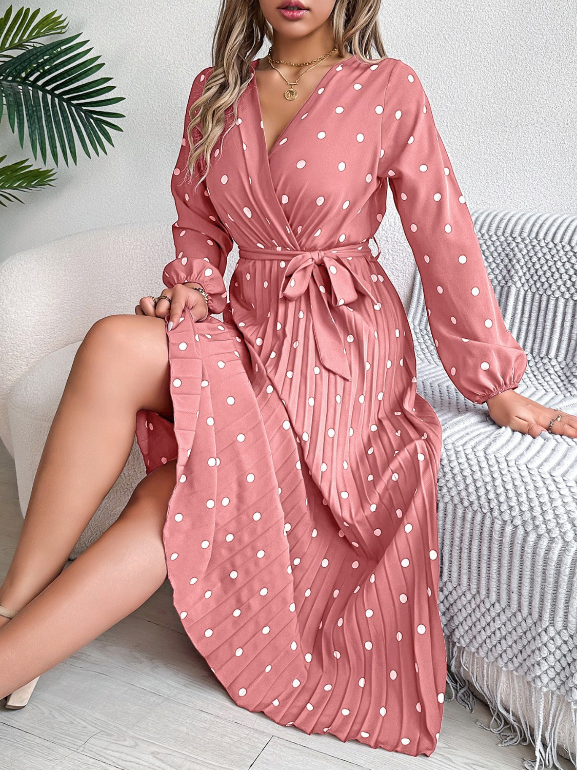 Tied Polka Dot Long Sleeve Midi Dress-Angel Casuals