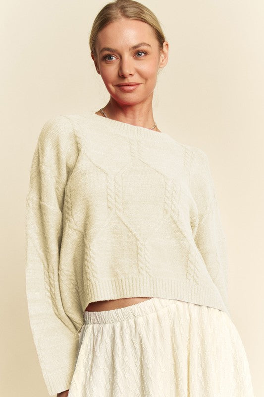 Davi & Dani Diamond Cable Pattern Drop Shoulder Sweater-Angel Casuals