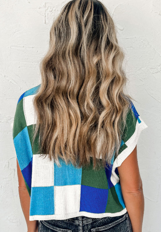Contrast Plaid Round Neck Cap Sleeve Sweater-Angel Casuals