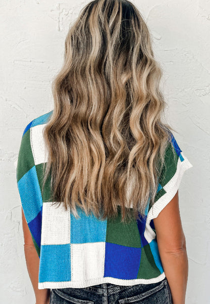 Contrast Plaid Round Neck Cap Sleeve Sweater-Angel Casuals