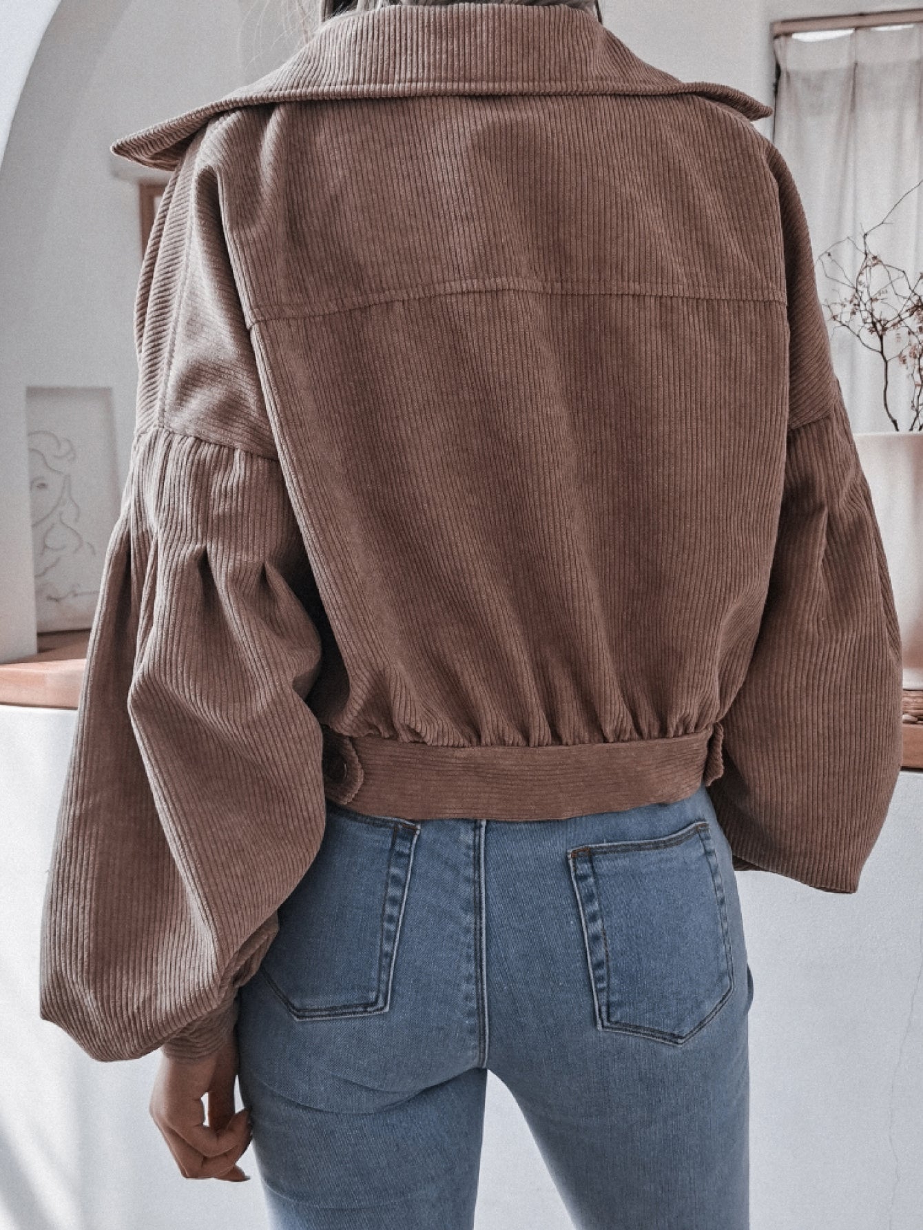 Lantern Sleeve Cropped Corduroy Jacket-Angel Casuals