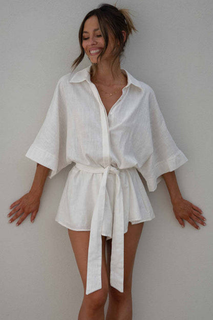 Tied Button Up Collared Neck Romper-Angel Casuals