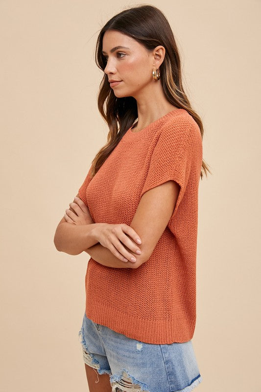 Annie Wear Round Neck Short Sleeve Sweater-Angel Casuals