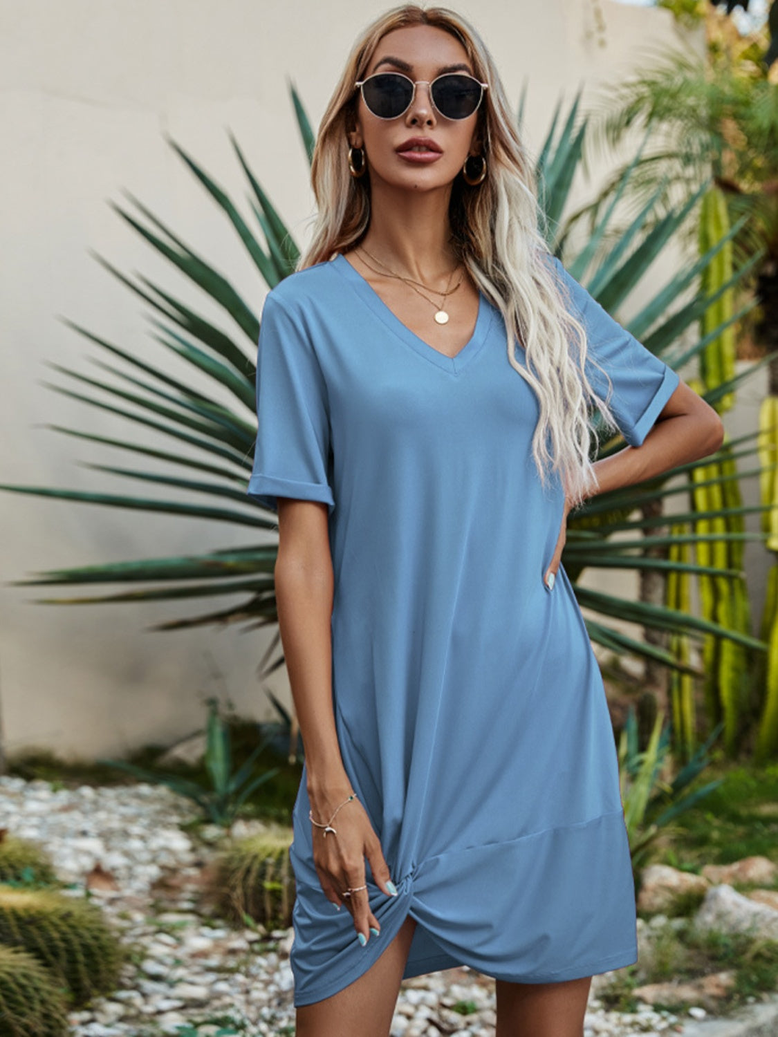 V-Neck Short Sleeve Mini Dress-Angel Casuals