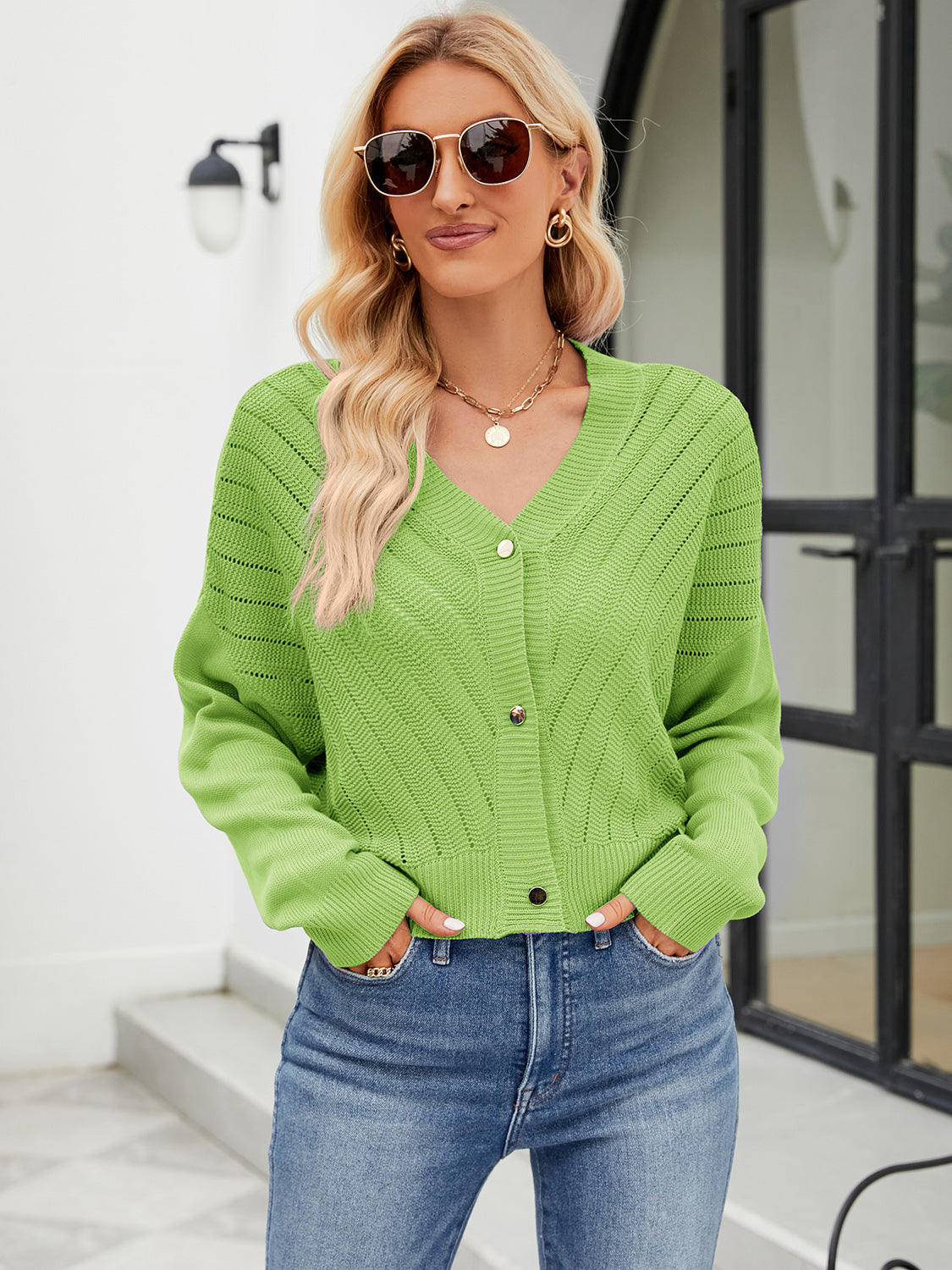 Eyelet Button Front Long Sleeve Cardigan-Angel Casuals