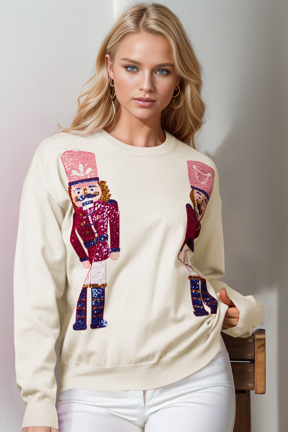 Double Take Full Size Nutcracker Sequin Long Sleeve Sweater-Angel Casuals