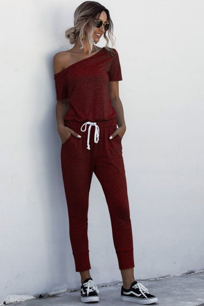 Asymmetrical Neck Tied Jumpsuit with Pockets-Angel Casuals