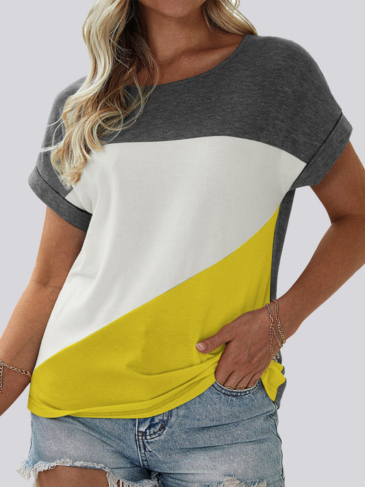 Color Block Round Neck Short Sleeve T-Shirt-Angel Casuals