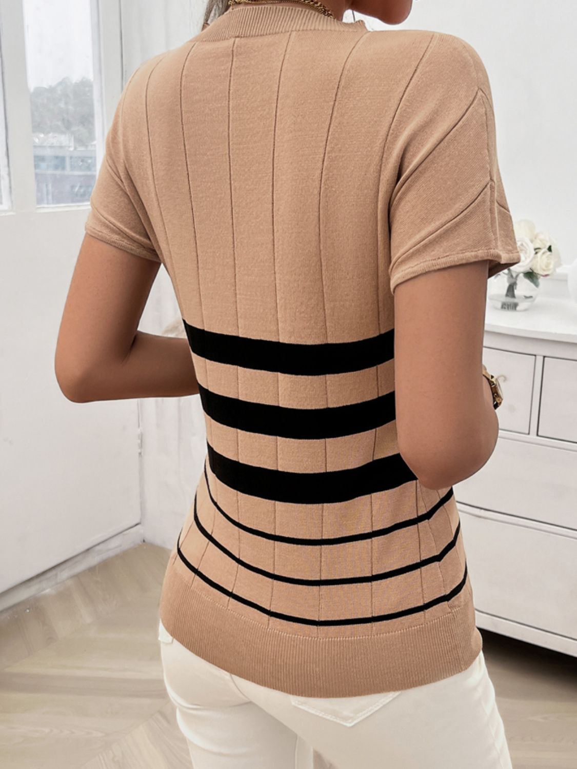 Devine Striped Round Neck Short Sleeve Knit Top-Angel Casuals