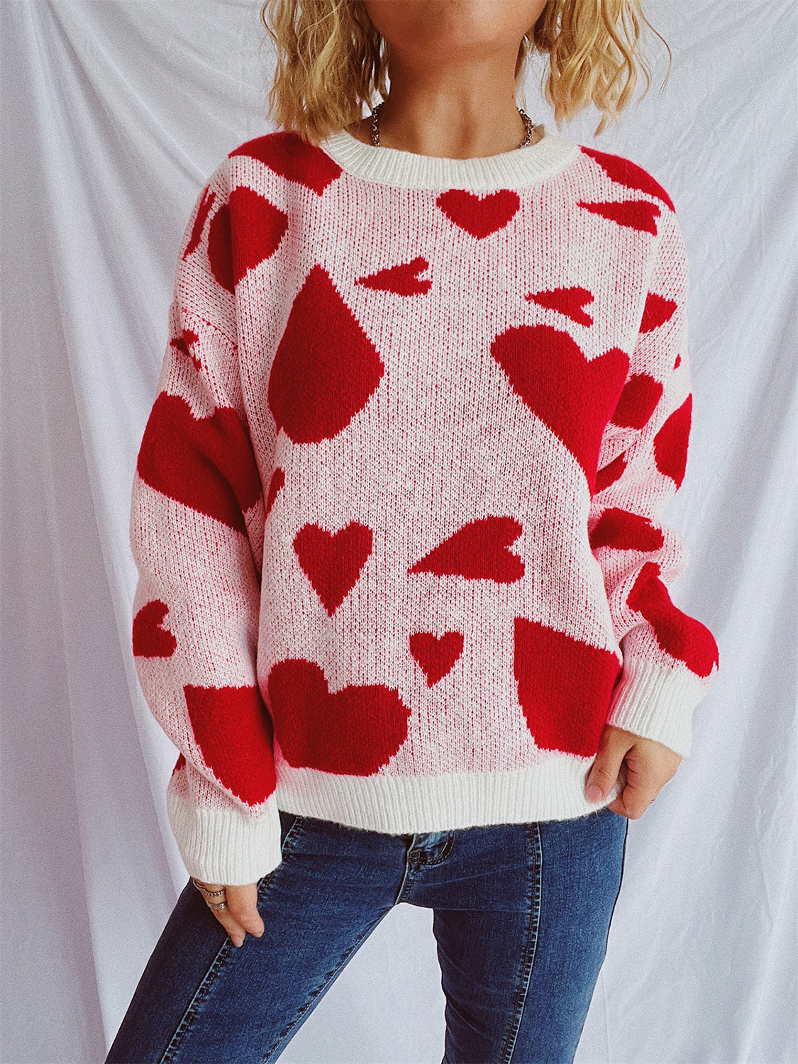 Heart Round Neck Long Sleeve Sweater-Angel Casuals