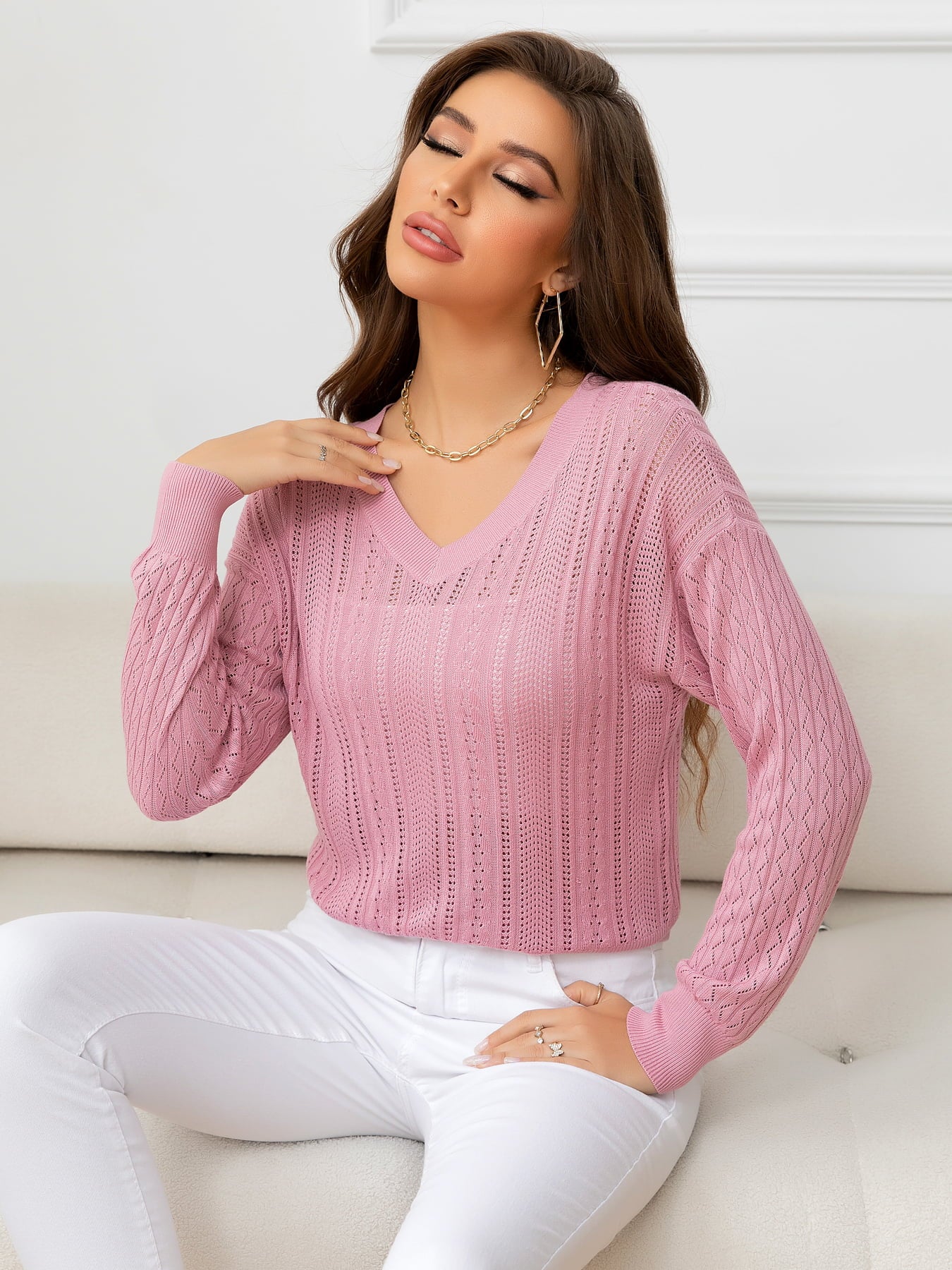 V-Neck Long Sleeve Eyelet Knit Top-Angel Casuals