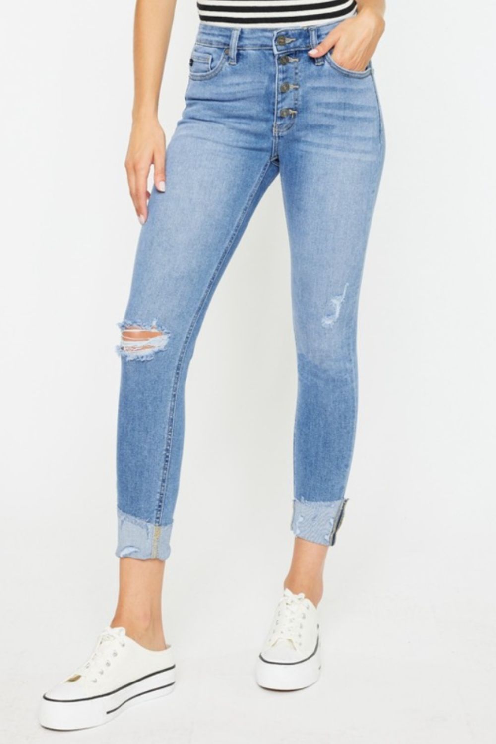 Kancan Distressed Cat's Whiskers Button Fly Jeans-Angel Casuals