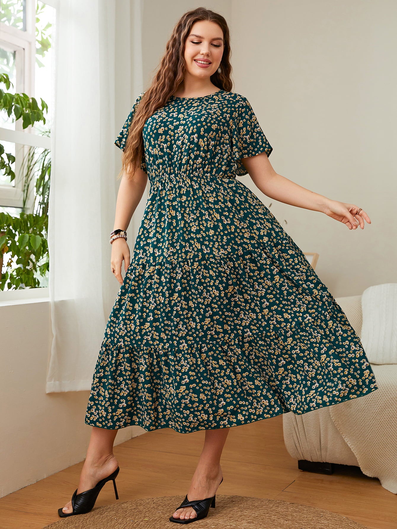 Plus Size Floral Round Neck Short Sleeve Midi Dress-Angel Casuals