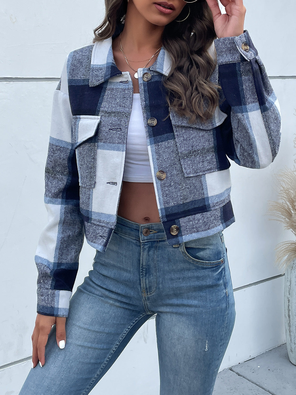 Perfee Plaid Button Up Drop Shoulder Cropped Jacket-Angel Casuals