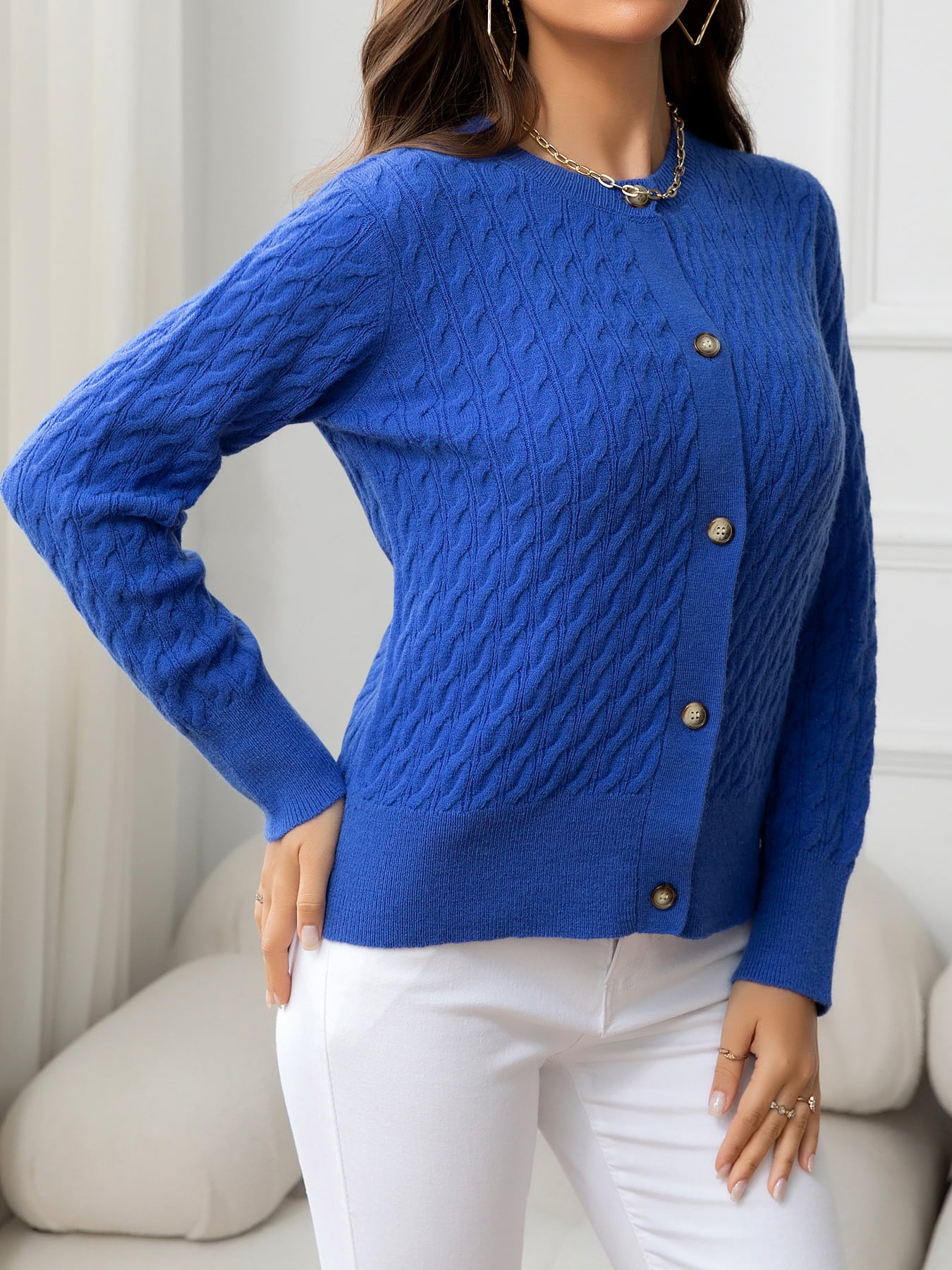 Round Neck Cable-Knit Buttoned Knit Top-Angel Casuals