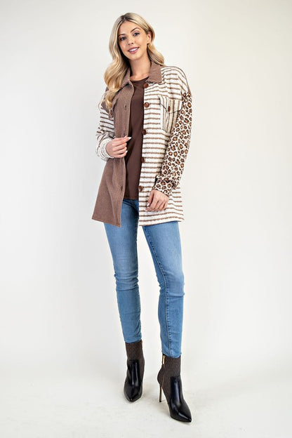 Celeste Full Size Leopard Contrast Button Up Shacket-Angel Casuals