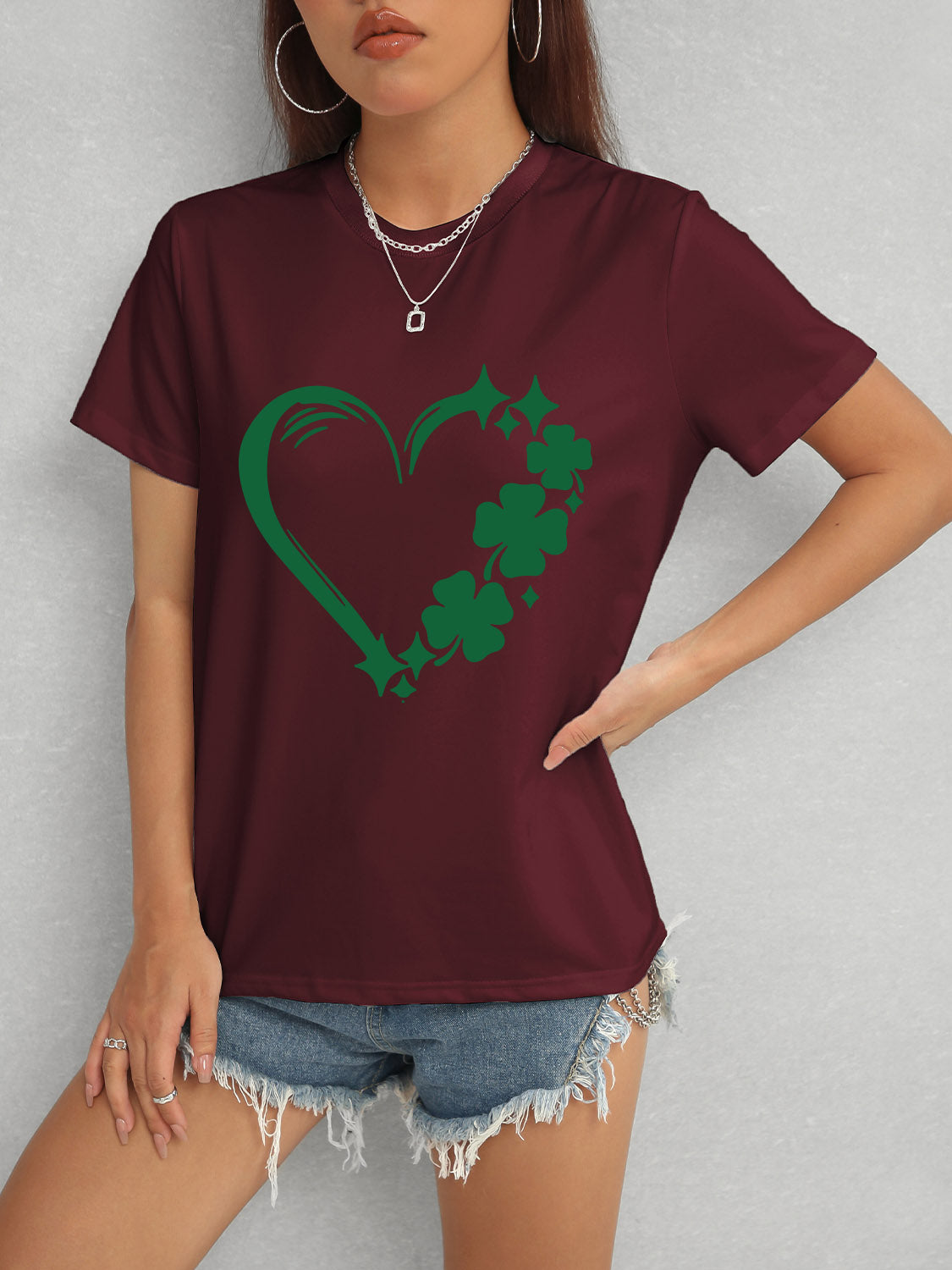 Heart Lucky Clover Round Neck Short Sleeve T-Shirt-Angel Casuals