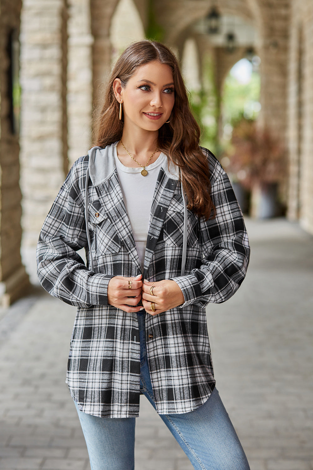 Mandy Plaid Long Sleeve Hooded Jacket-Angel Casuals