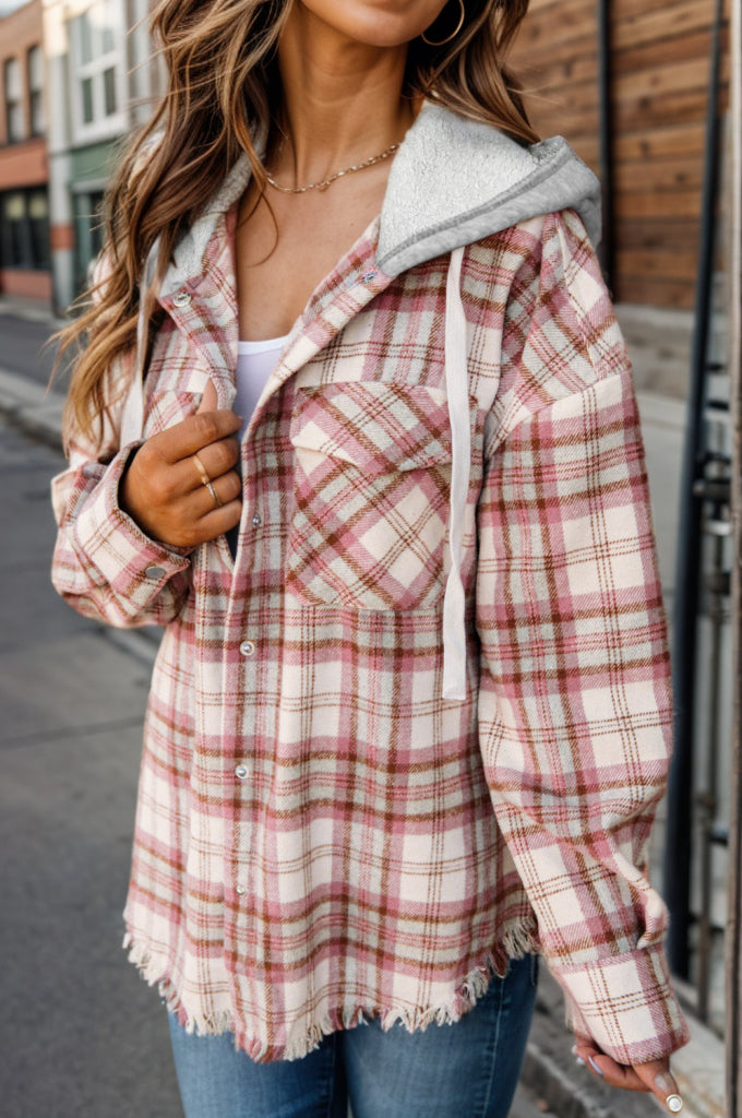 Plaid Raw Hem Drawstring Hooded Jacket-Angel Casuals