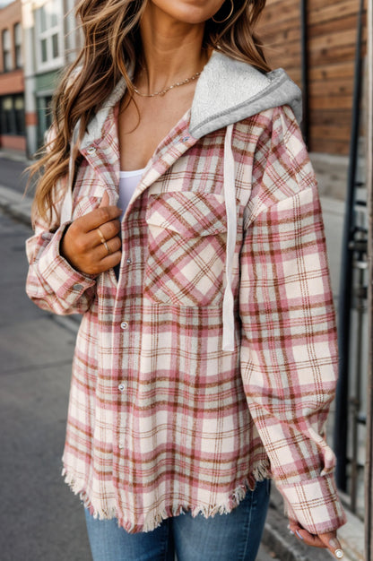 Plaid Raw Hem Drawstring Hooded Jacket-Angel Casuals