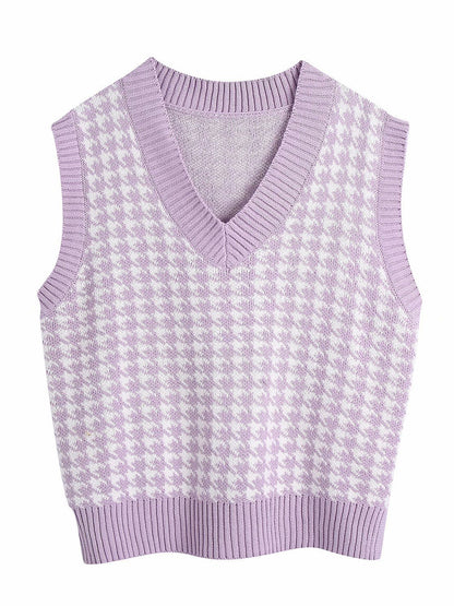 Houndstooth V-Neck Sweater Vest-Angel Casuals