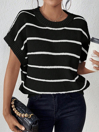 Striped Round Neck Short Sleeve Knit Top-Angel Casuals