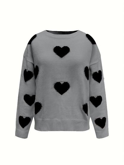 Valentine’s Day Heart Round Neck Long Sleeve Sweater-Angel Casuals