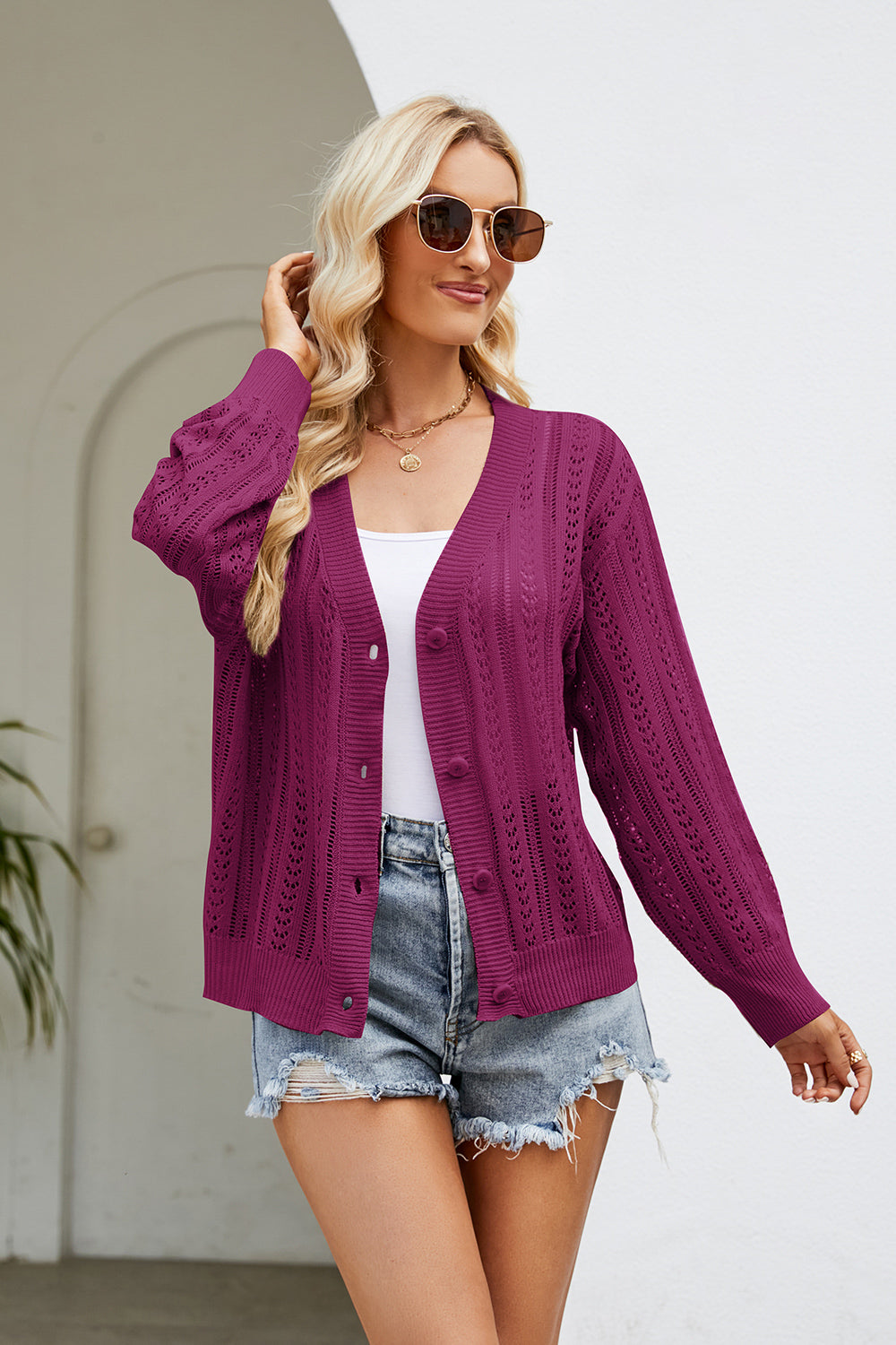 Openwork Button Front V-Neck Cardigan-Angel Casuals