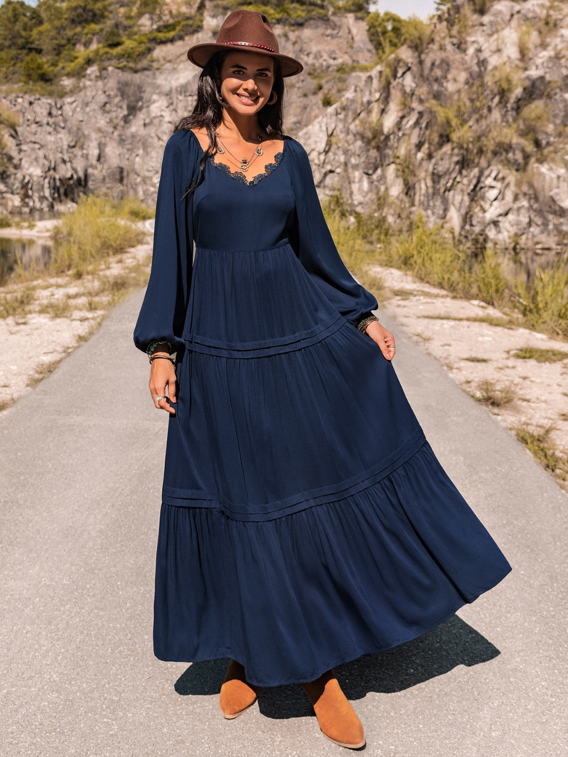 Long Sleeve Lace Trim Maxi Dress-Angel Casuals