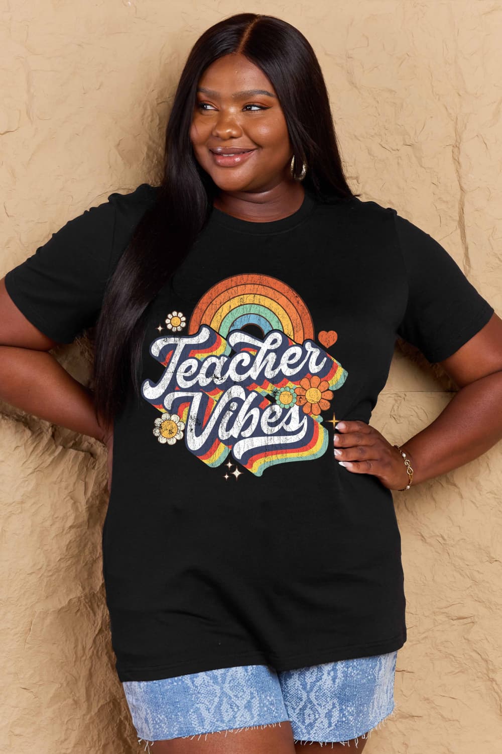 Simply Love Full Size TEACHER VIBES Graphic Cotton T-Shirt-Angel Casuals