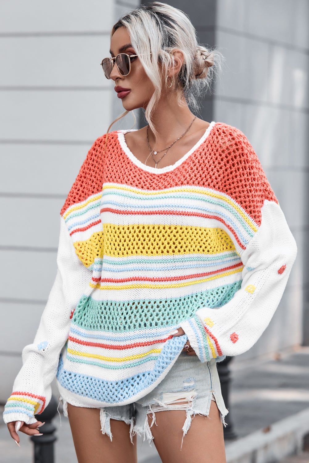 Hollow Striped Color Block Round Neck Sweater-Angel Casuals