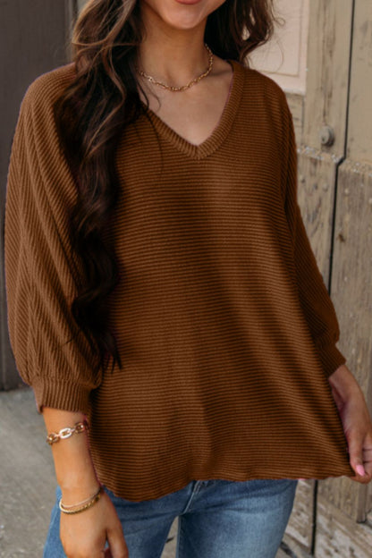 Texture V-Neck Long Sleeve Top-Angel Casuals