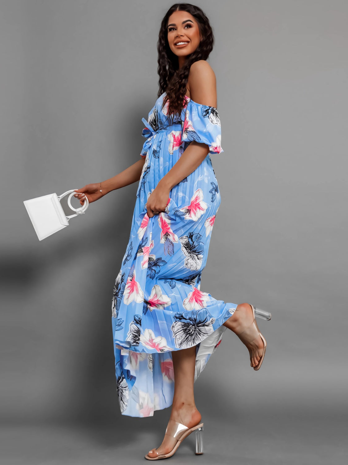 Pleated Floral Off-Shoulder Short Sleeve Midi Dress-Angel Casuals