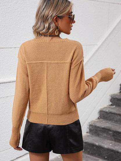 V-Neck Dropped Shoulder Long Sleeve Knit Top-Angel Casuals