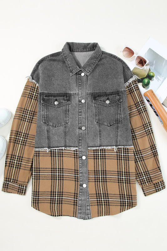 Plaid Raw Hem Button Up Denim Jacket-Angel Casuals