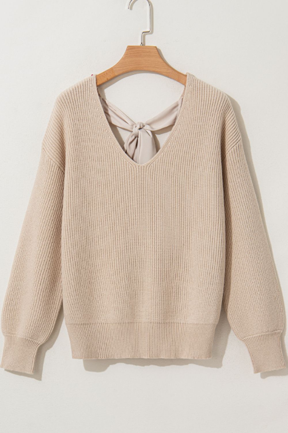 Tied Back V-Neck Long Sleeve Sweater-Angel Casuals