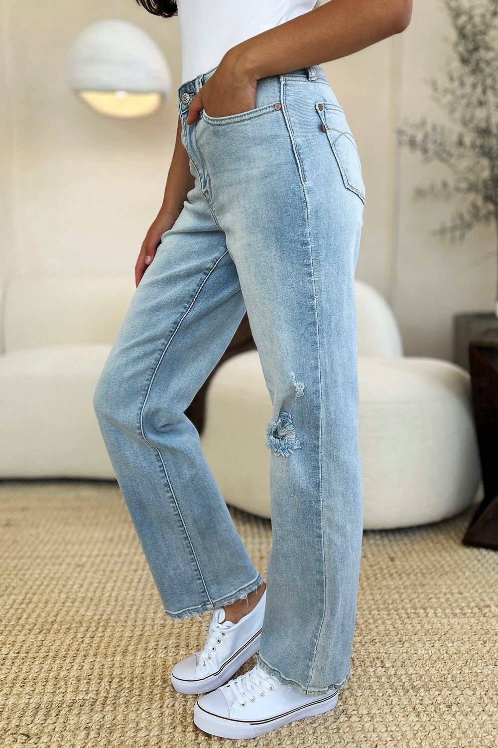 Judy Blue Full Size High Waist Distressed Straight Jeans-Angel Casuals