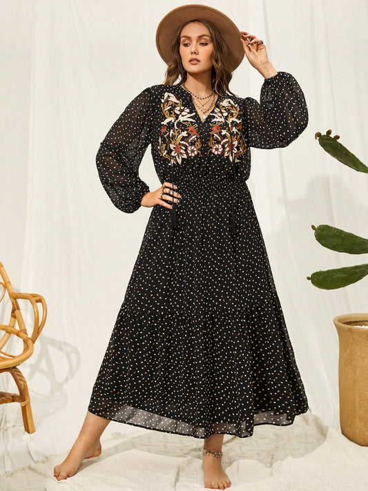 Plus Size Embroidered Tassel Balloon Sleeve Dress-Angel Casuals