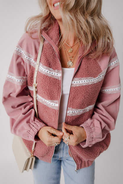 Lace Detail Zip Up Sherpa Patchwork Jacket-Angel Casuals