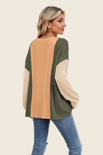 Double Take Texture Contrast Round Neck Long Sleeve T-Shirt-Angel Casuals