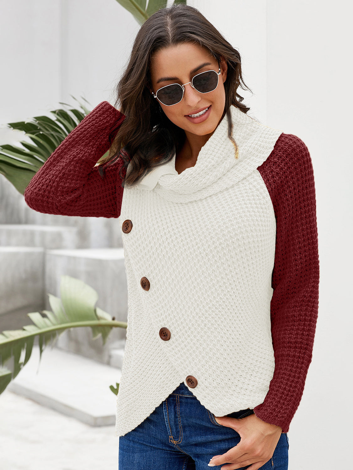 Contrast Decorative Button Turtleneck Sweater-Angel Casuals