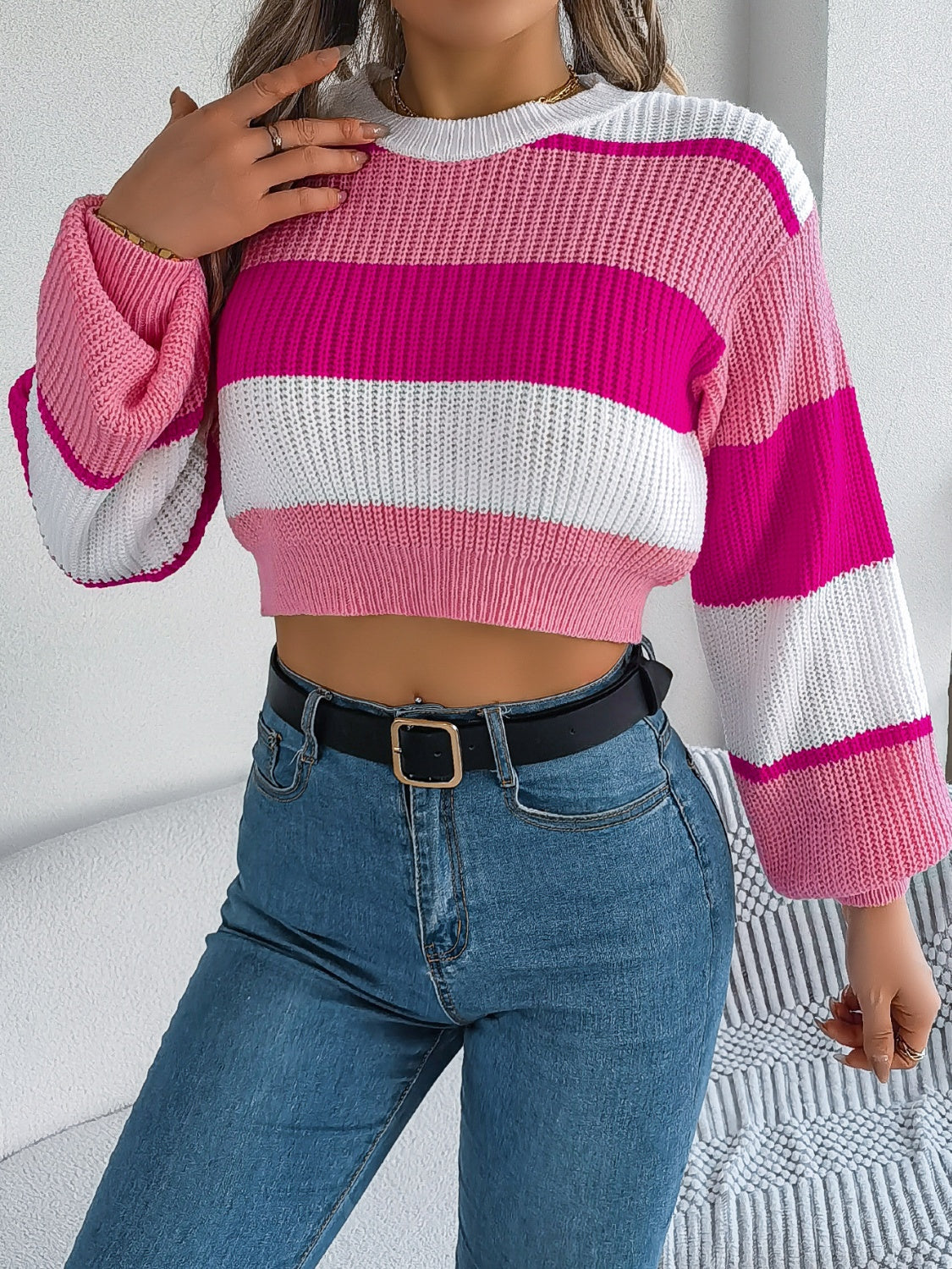 Color Block Round Neck Cropped Sweater-Angel Casuals